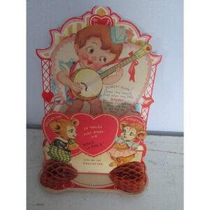 Vintage Mechanical Honeycomb Large Fold out Valentine‎ Day Card Banjo Dancing